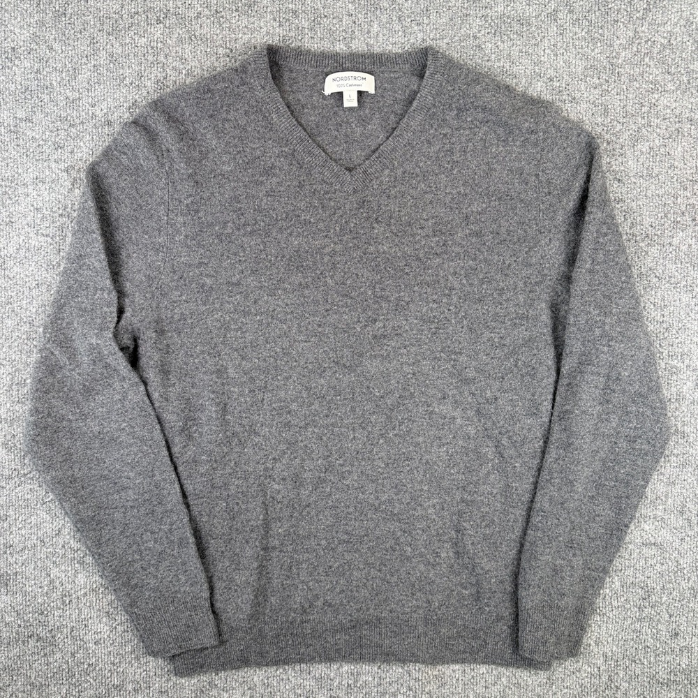 Nordstrom Sweater Mens L Gray 100% Cashmere Pullover V Neck Soft Preppy Slim Fit